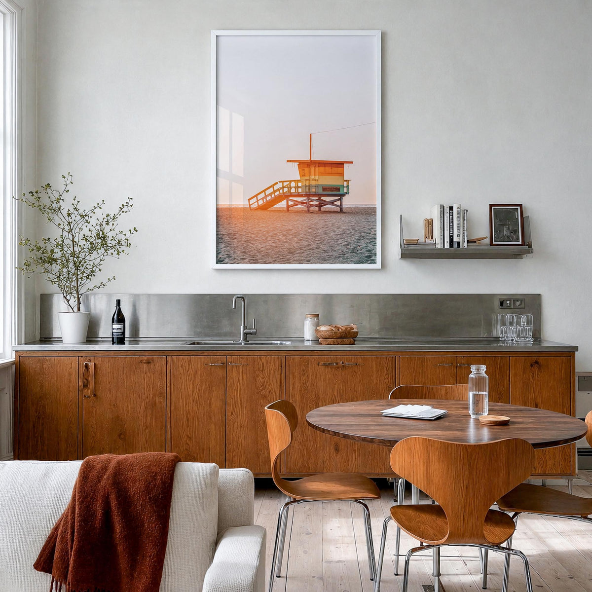 Lifeguard Stand no. 2 colorful photo poster – vertical wall art in white wood frame, hanging on wall