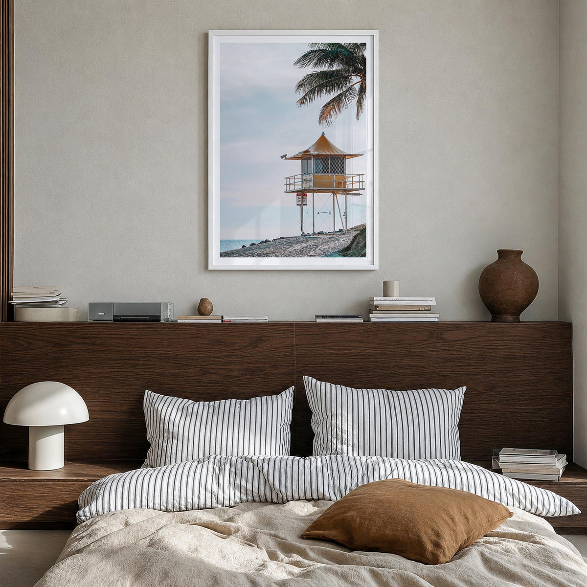 Lifeguard Stand no. 8 colorful photo poster – vertical wall art in white wood frame with white border, hanging on wall