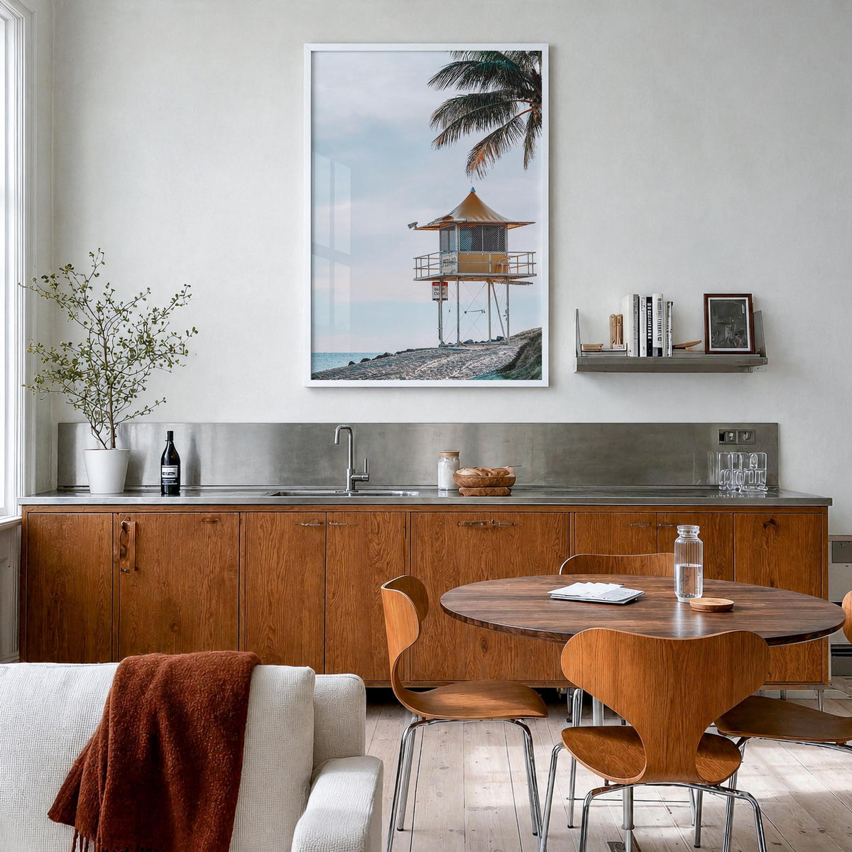 Lifeguard Stand no. 8 colorful photo poster – vertical wall art in white wood frame, hanging on wall