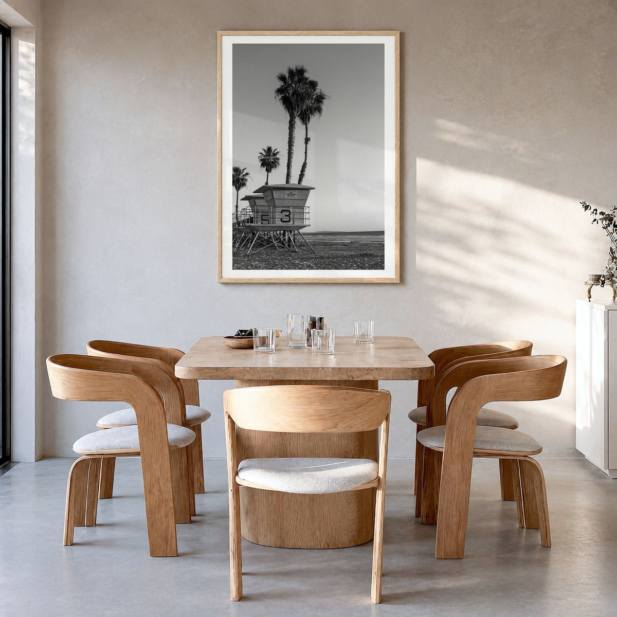 Lifeguard Stand Photo No 2 Poster in a natural wood frame, hanging in a dining room, white border