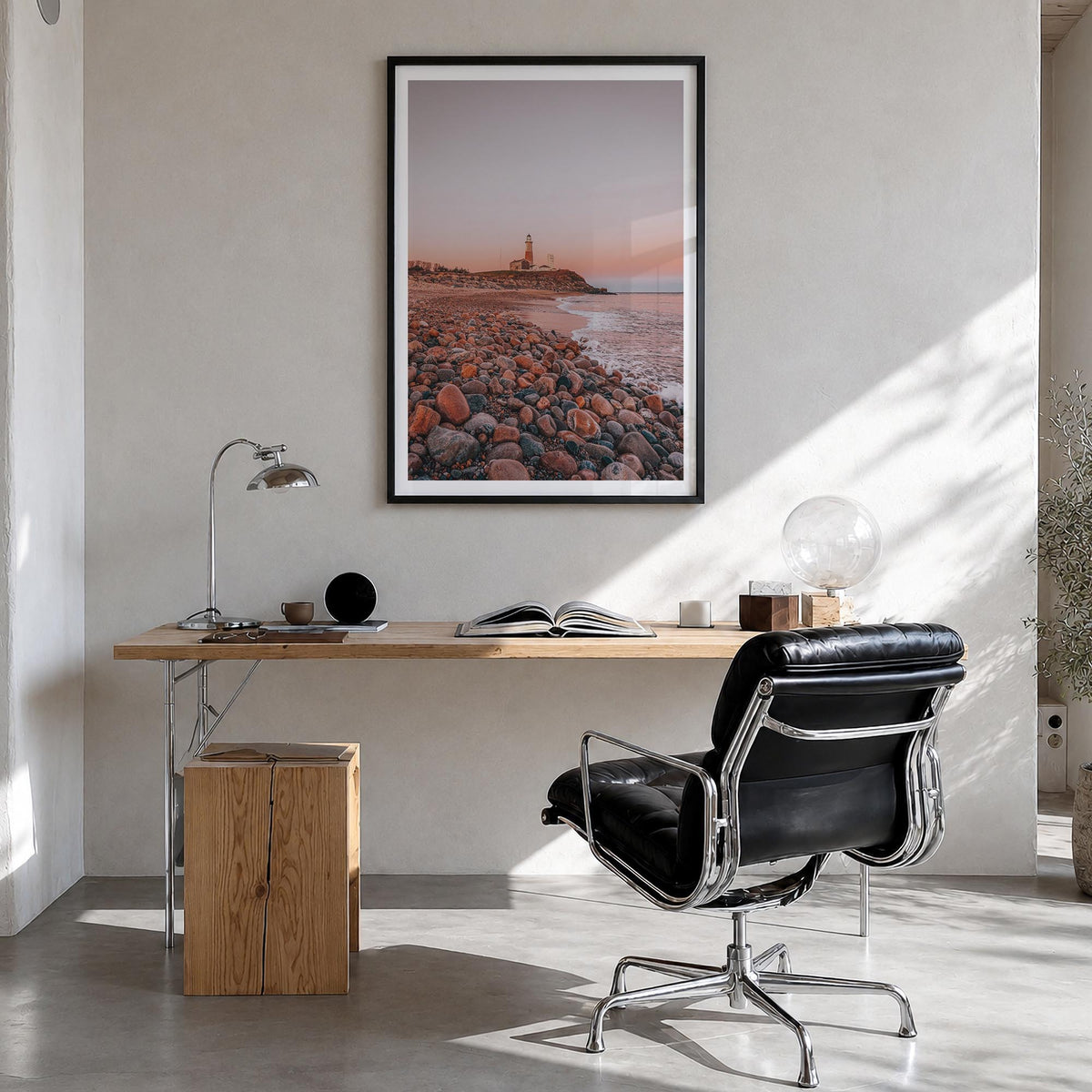 Lighthouse no. 1 colorful photo poster – vertical wall art in black wood frame with white border, hanging on wall