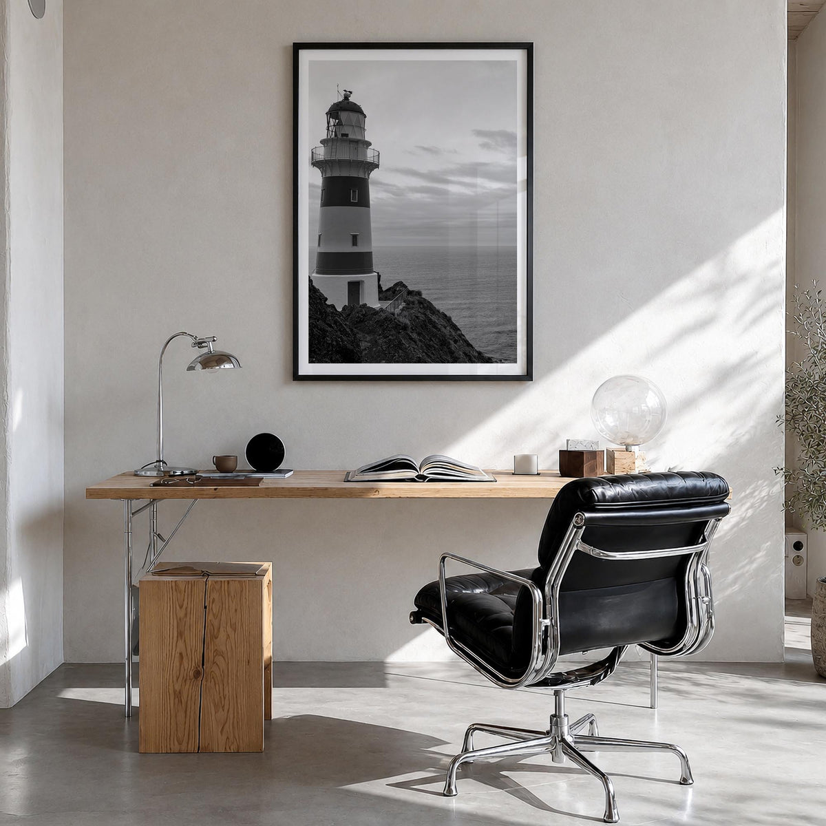 Lighthouse no. 2 black & white photo poster – vertical wall art in black wood frame with white border, hanging on wall
