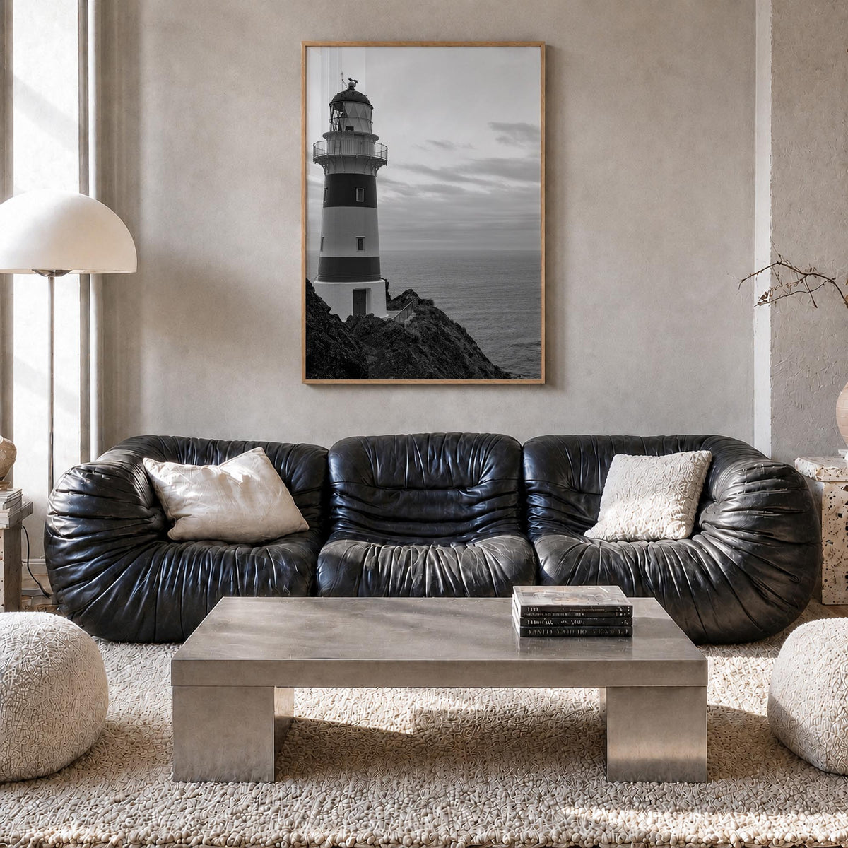 Lighthouse no. 2 black & white photo poster – vertical wall art in natural wood frame, hanging on wall