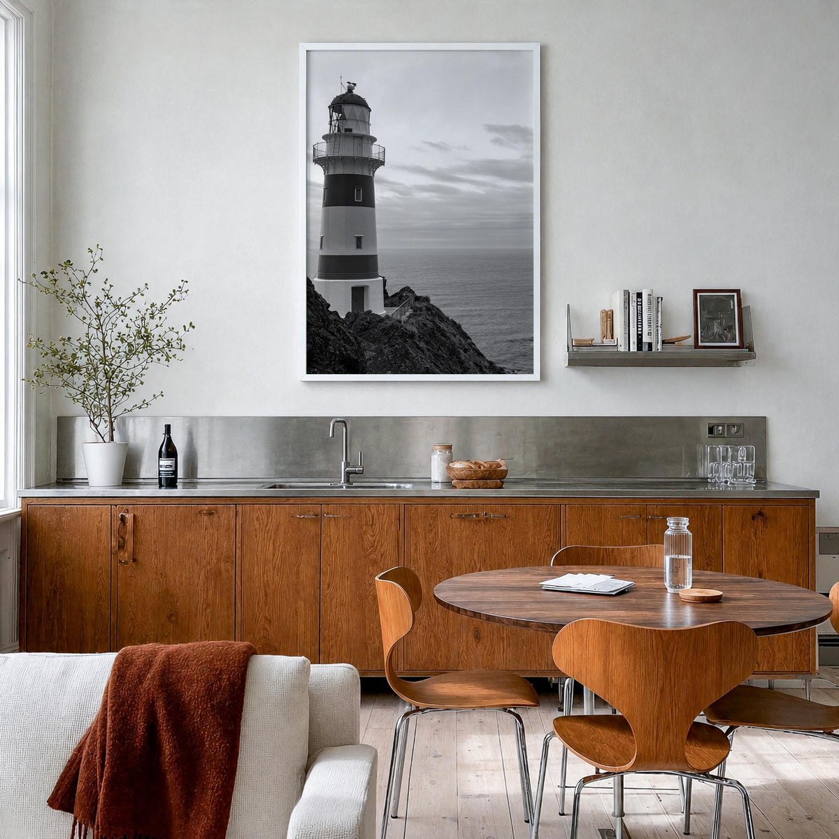 Lighthouse no. 2 black & white photo poster – vertical wall art in white wood frame, hanging on wall