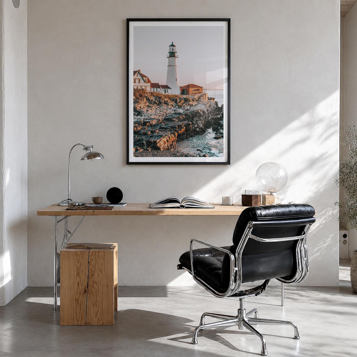 Lighthouse no. 2 colorful photo poster – vertical wall art in black wood frame with white border, hanging on wall