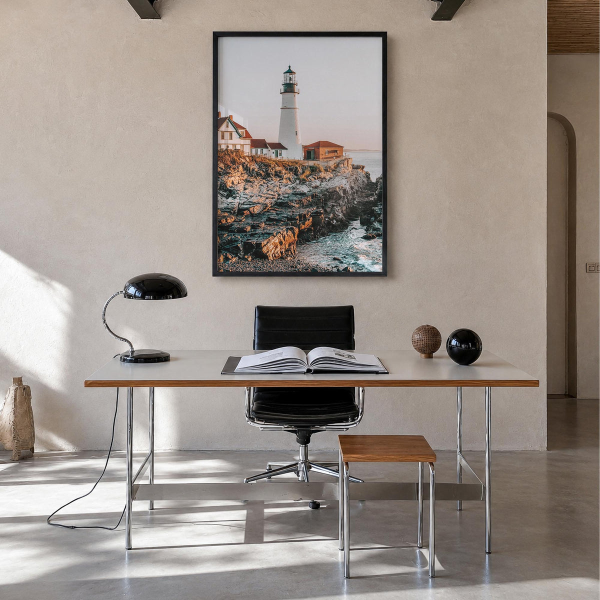 Lighthouse no. 2 colorful photo poster – vertical wall art in black wood frame, hanging on wall