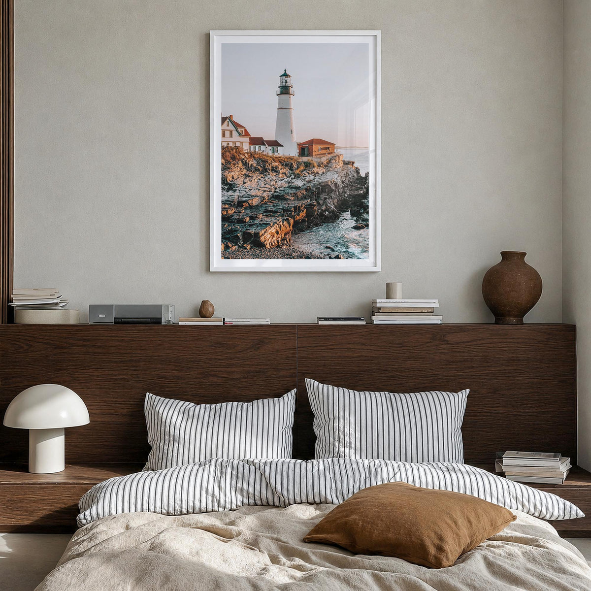 Lighthouse no. 2 colorful photo poster – vertical wall art in white wood frame with white border, hanging on wall