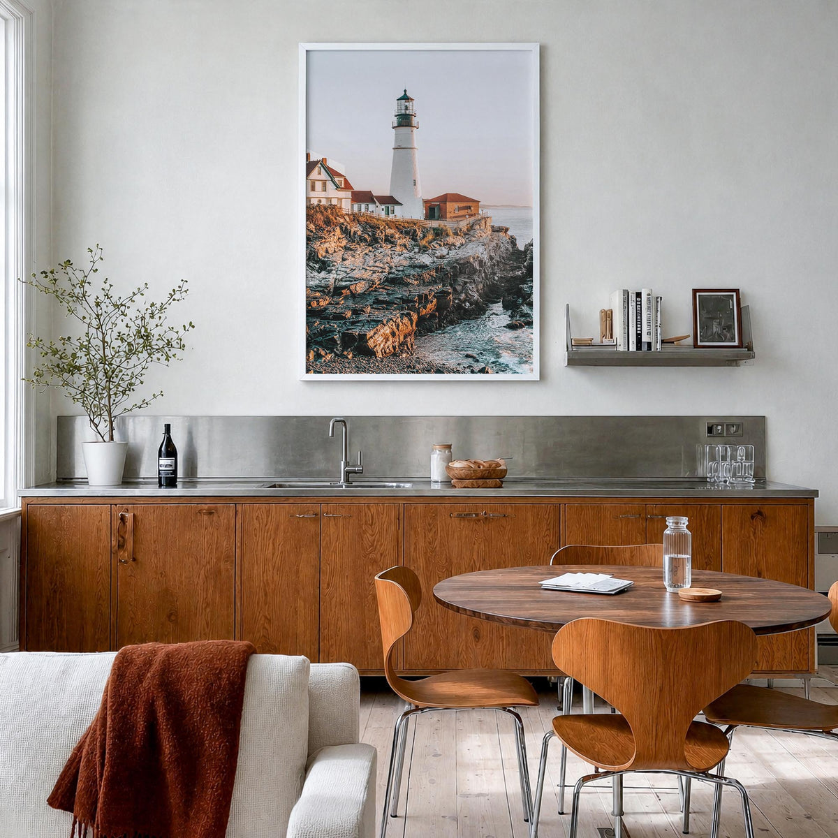 Lighthouse no. 2 colorful photo poster – vertical wall art in white wood frame, hanging on wall