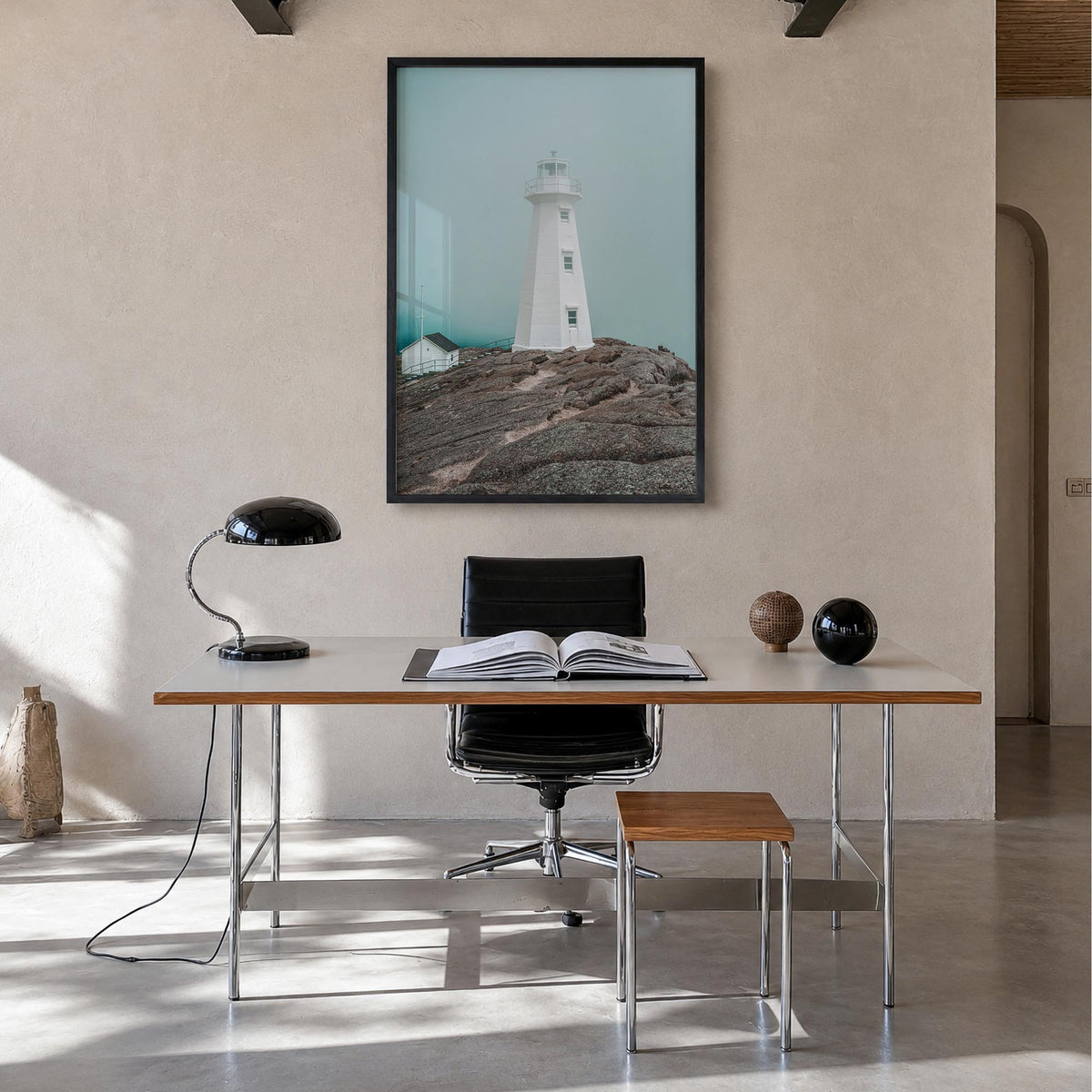 Lighthouse no. 3 colorful photo poster – vertical wall art in black wood frame, hanging on wall