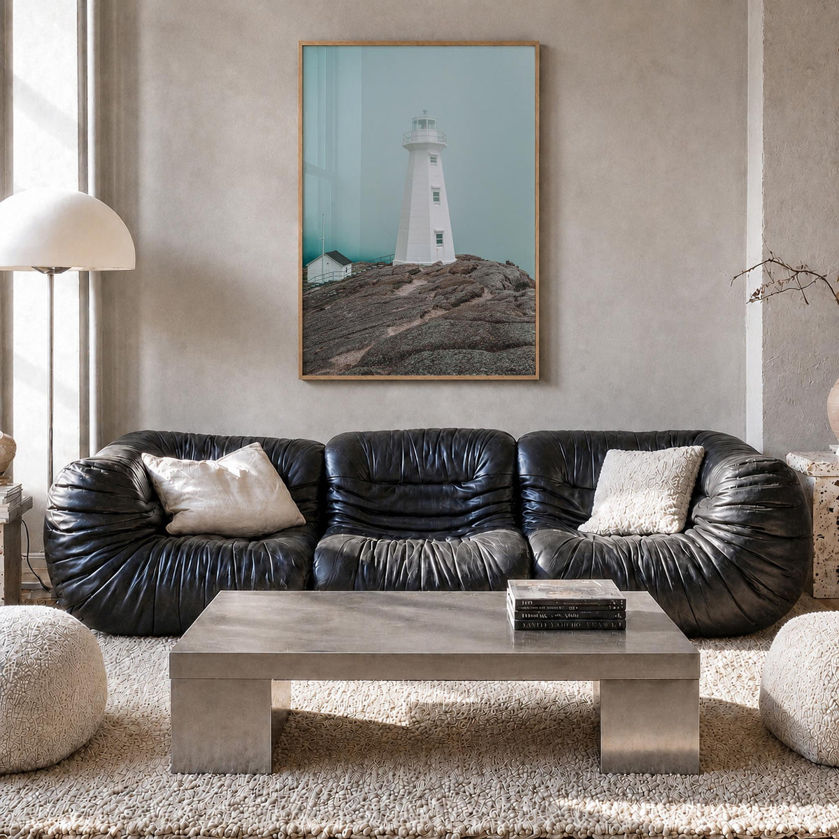 Lighthouse no. 3 colorful photo poster – vertical wall art in natural wood frame, hanging on wall