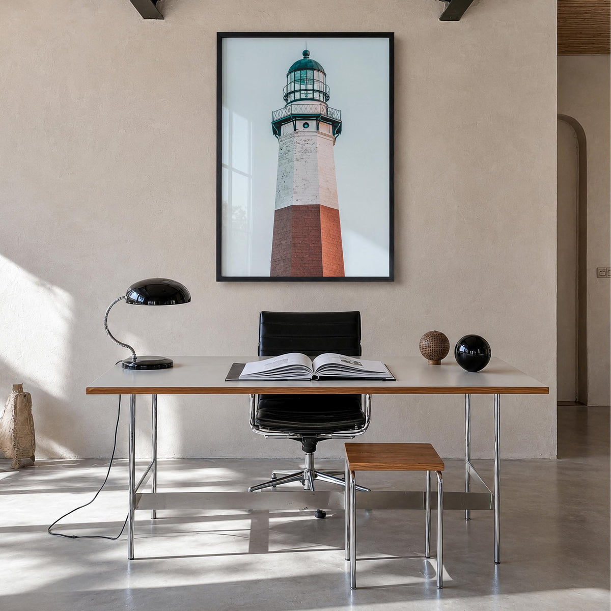 Lighthouse no. 5 colorful photo poster – vertical wall art in black wood frame, hanging on wall