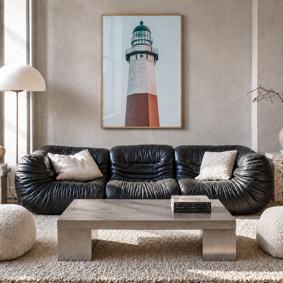 Lighthouse no. 5 colorful photo poster – vertical wall art in natural wood frame, hanging on wall