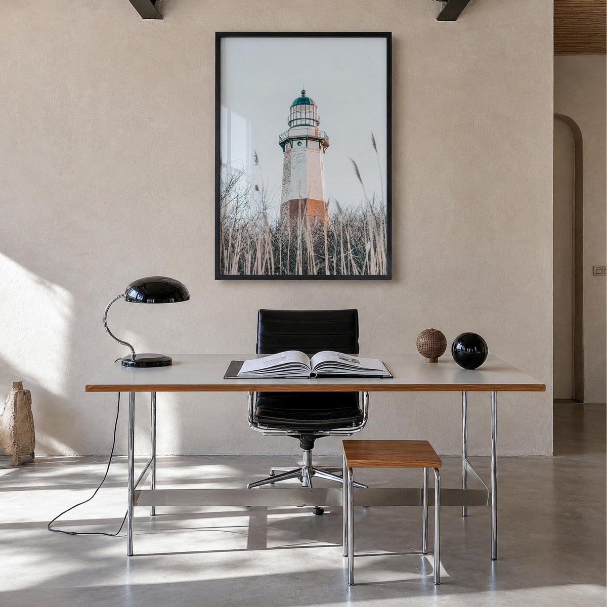 Lighthouse no. 6 colorful photo poster – vertical wall art in black wood frame, hanging on wall
