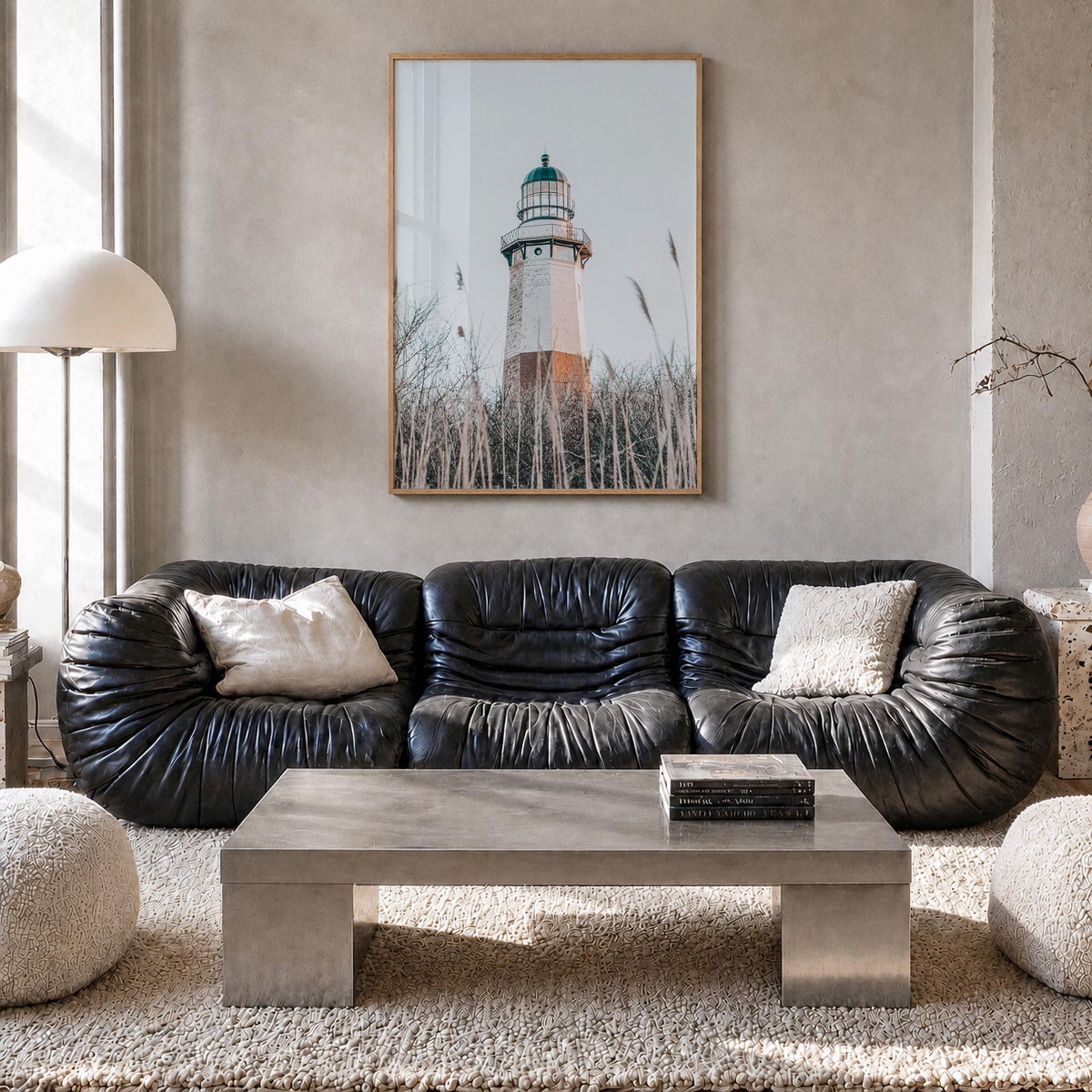 Lighthouse no. 6 colorful photo poster – vertical wall art in natural wood frame, hanging on wall