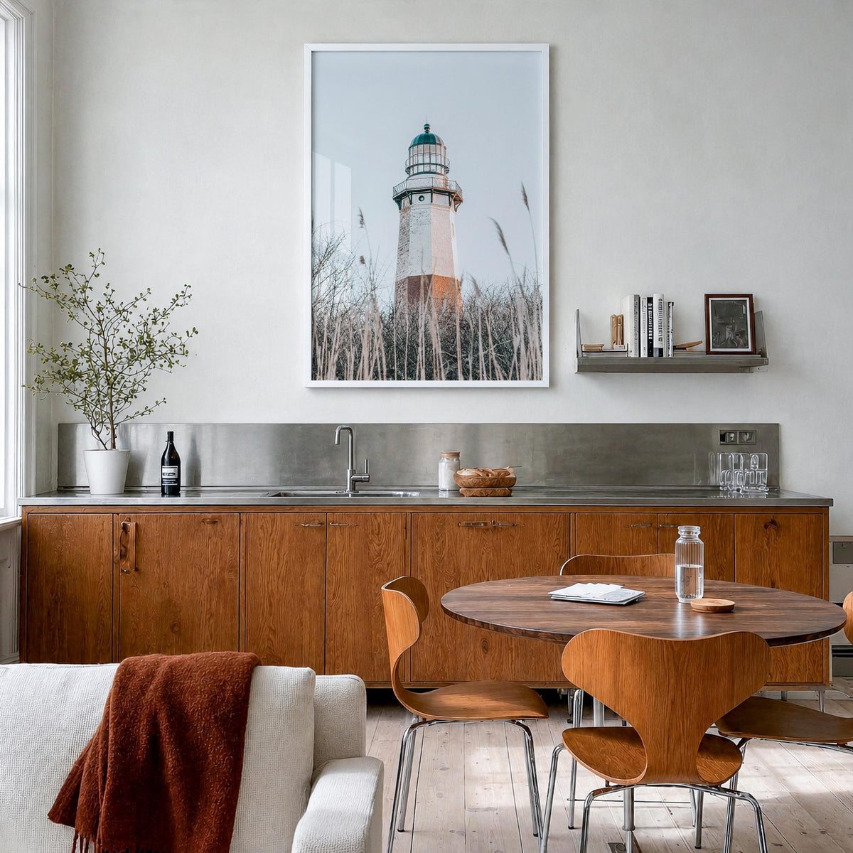 Lighthouse no. 6 colorful photo poster – vertical wall art in white wood frame, hanging on wall