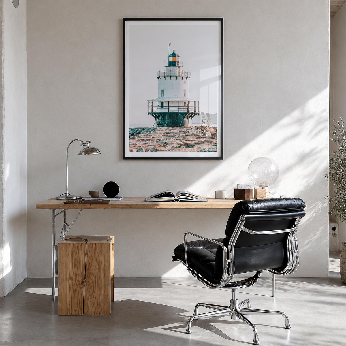 Lighthouse no. 7 colorful photo poster – vertical wall art in black wood frame with white border, hanging on wall