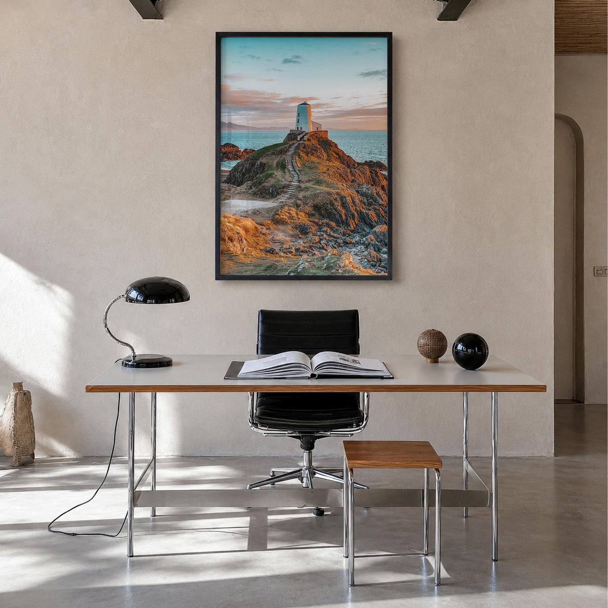 Lighthouse no. 8 colorful photo poster – vertical wall art in black wood frame, hanging on wall