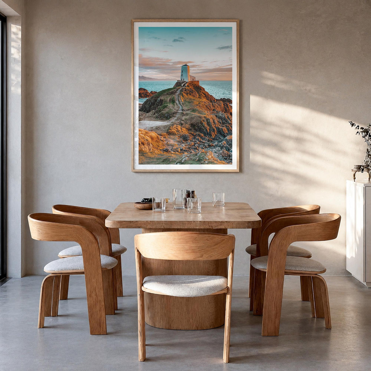 Lighthouse no. 8 colorful photo poster – vertical wall art in natural wood frame with white border, hanging on wall