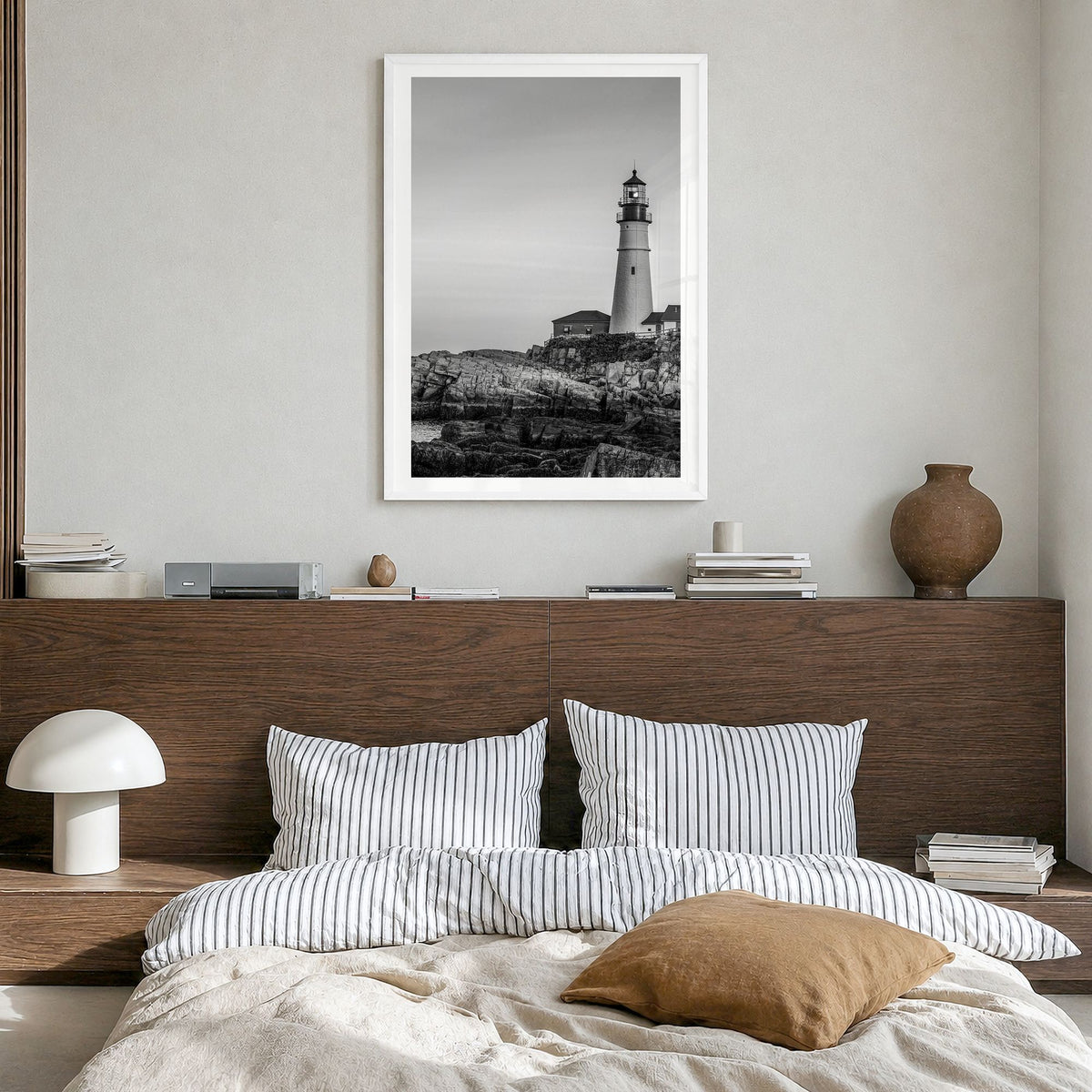 Lighthouse Photo No 1 Poster in a white wood frame, hanging in a bedroom, white border
