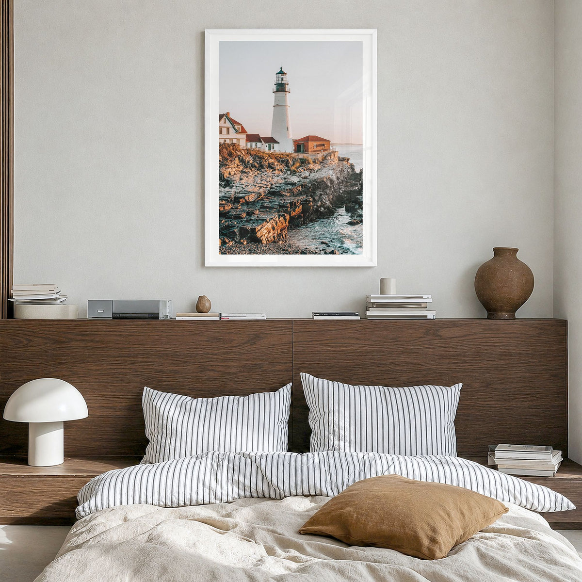 Lighthouse Photo No 2 Poster in a white wood frame, hanging in a bedroom, white border