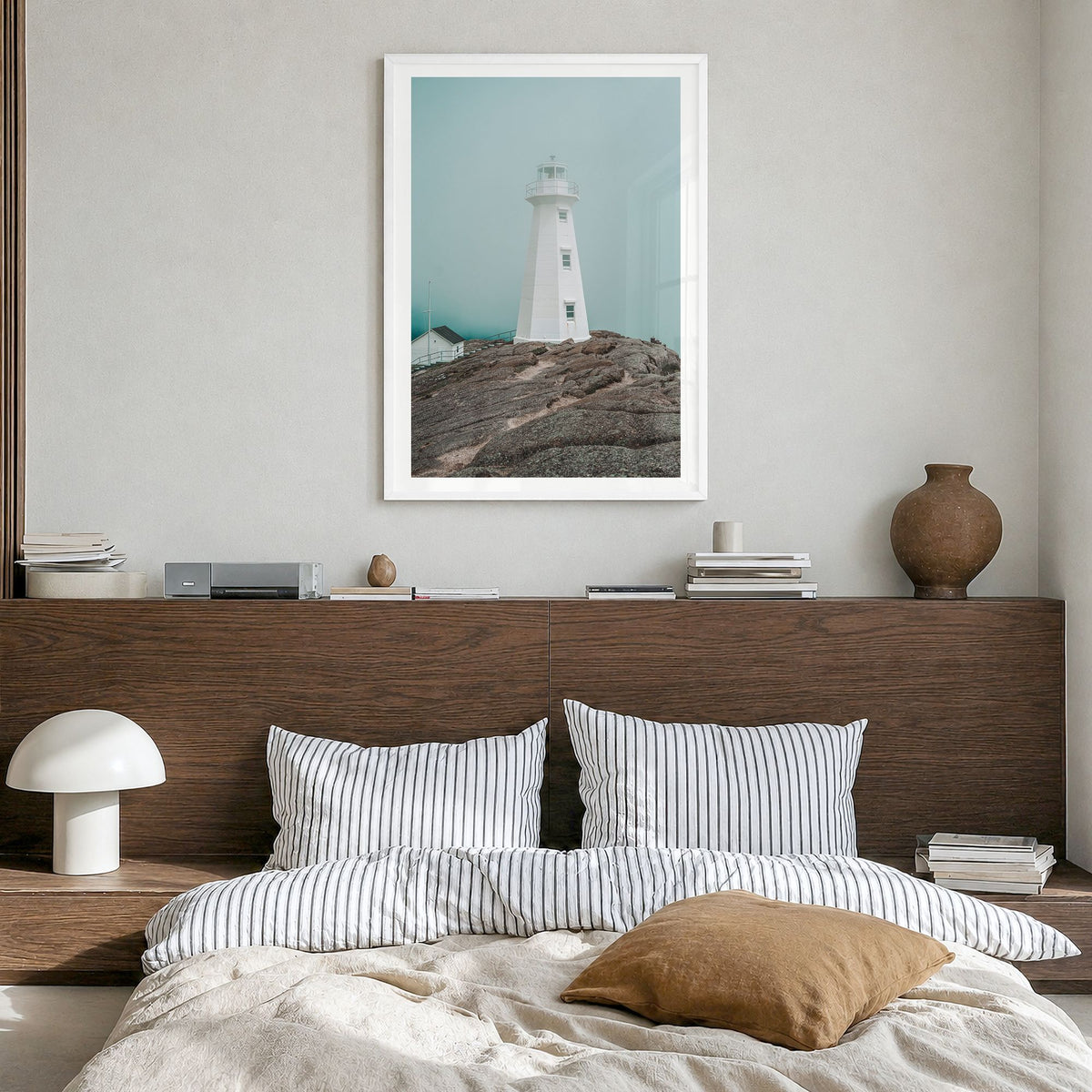 Lighthouse Photo No 3 Poster in a white wood frame, hanging in a bedroom, white border