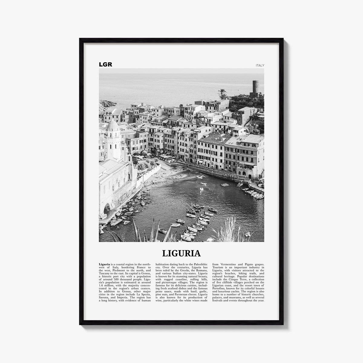 Liguria black & white newspaper poster of Italy – vertical wall art, unframed print shown in interior mockup