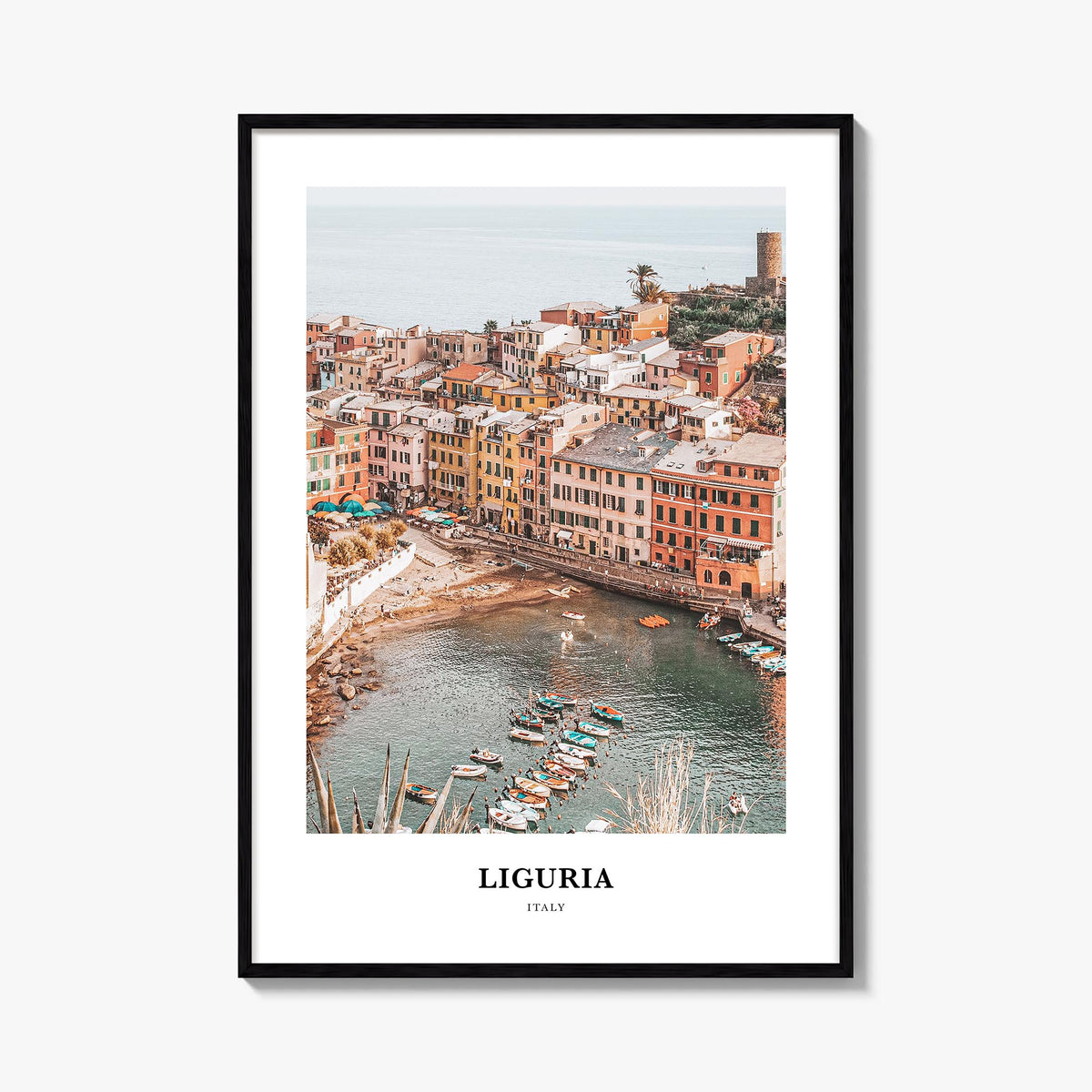 Liguria colorful classic poster of Italy – vertical wall art, unframed print shown in interior mockup