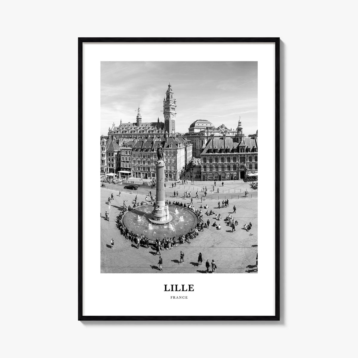Lille black & white classic poster of France – vertical wall art, unframed print shown in interior mockup