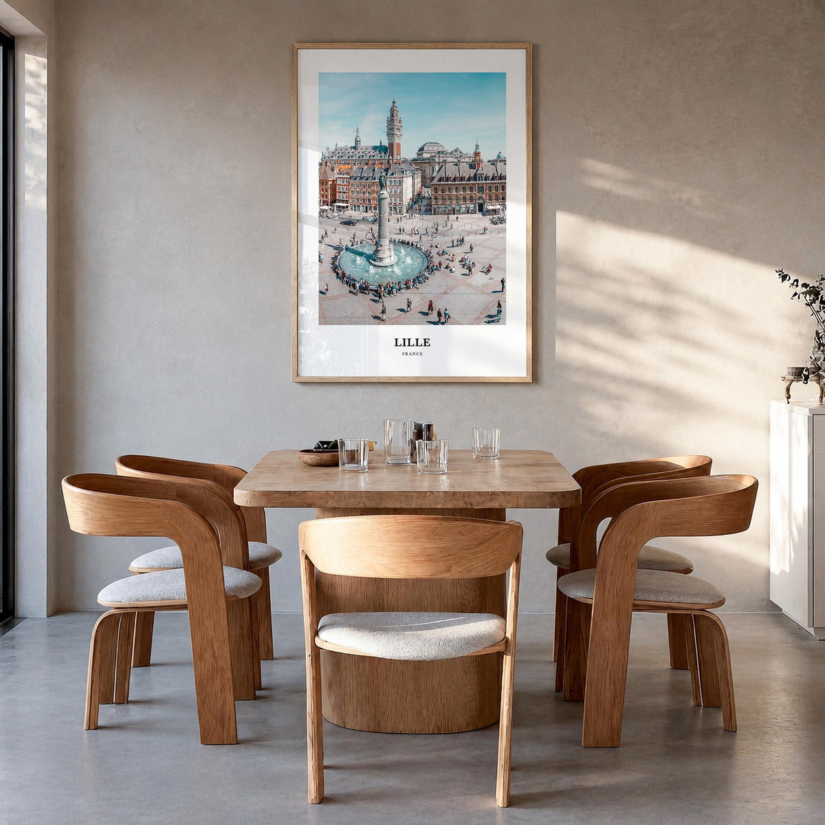 Lille colorful classic poster of France – vertical wall art in natural wood frame, hanging on wall