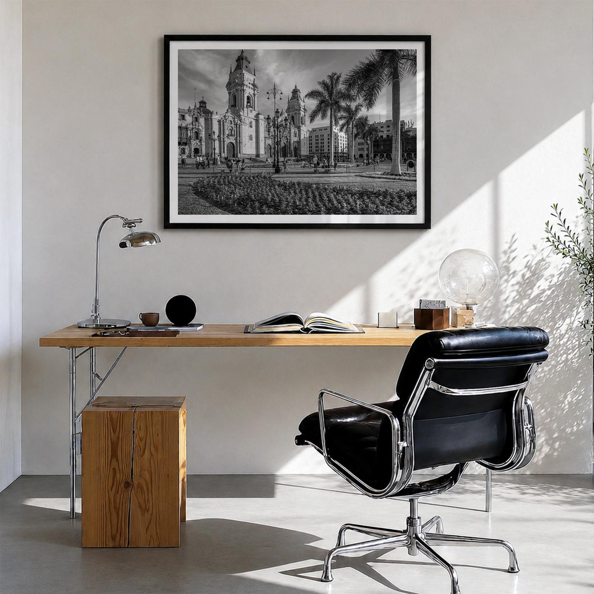 Lima black & white photo poster of Peru – horizontal wall art in black wood frame with white border, hanging on wall