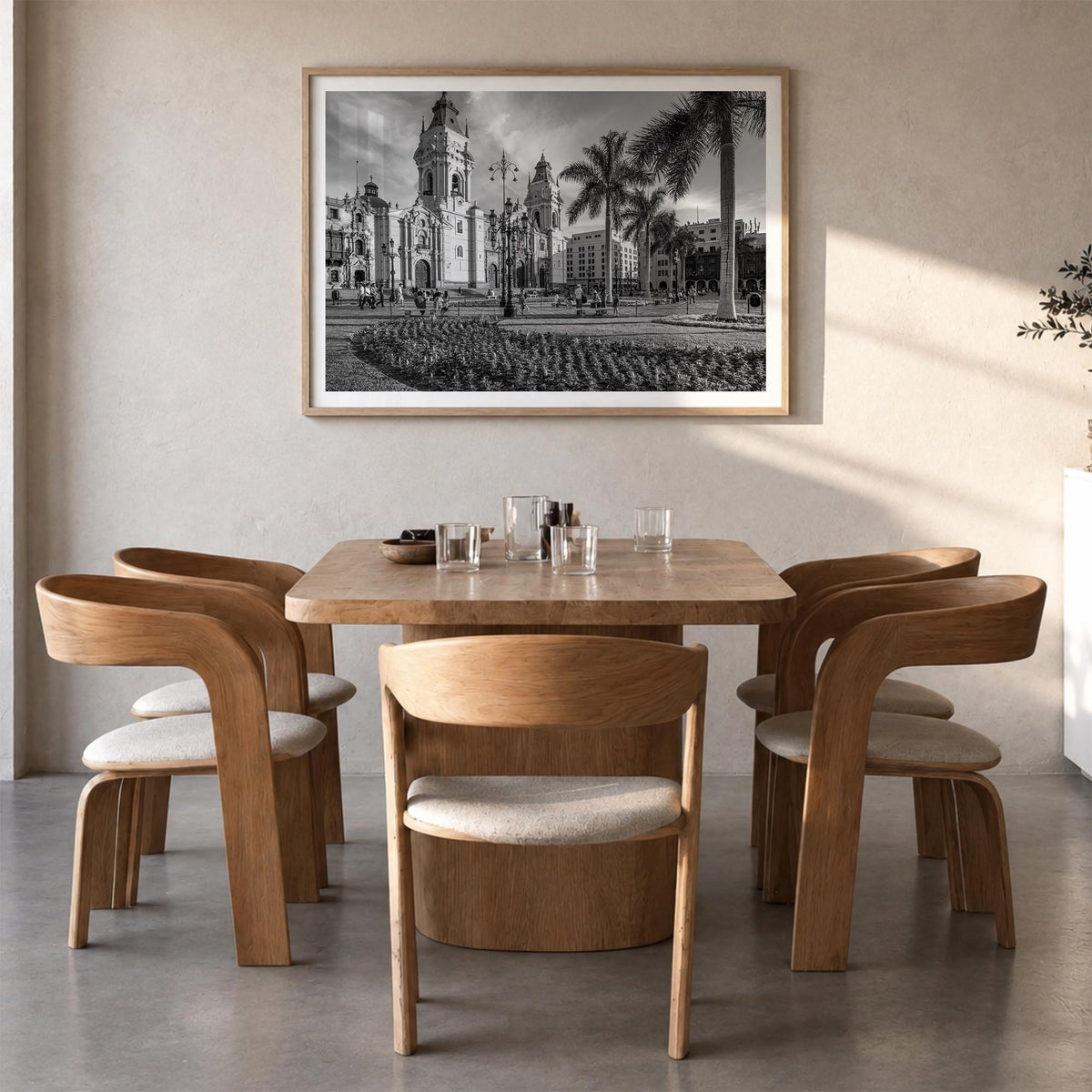 Lima black & white photo poster of Peru – horizontal wall art in natural wood frame with white border, hanging on wall