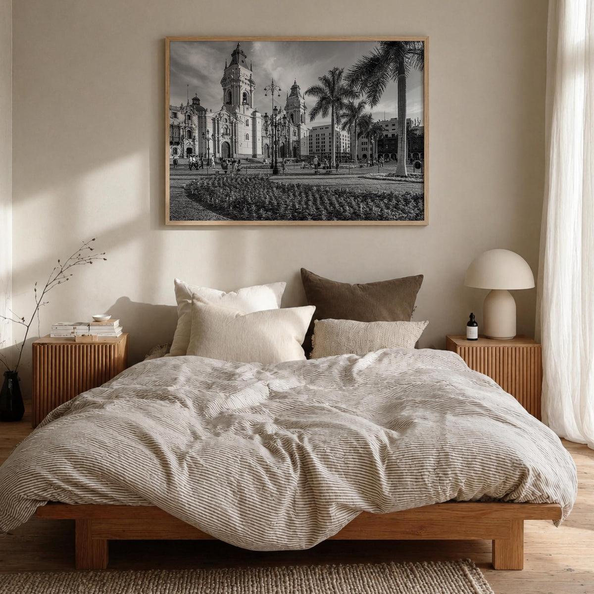 Lima black & white photo poster of Peru – horizontal wall art in natural wood frame, hanging on wall