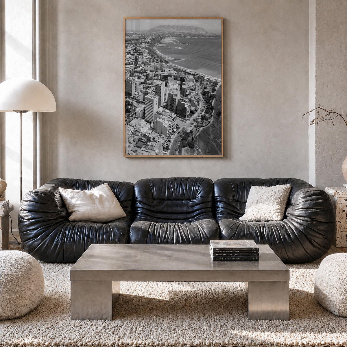 Lima black & white photo poster of Peru – vertical wall art in natural wood frame, hanging on wall