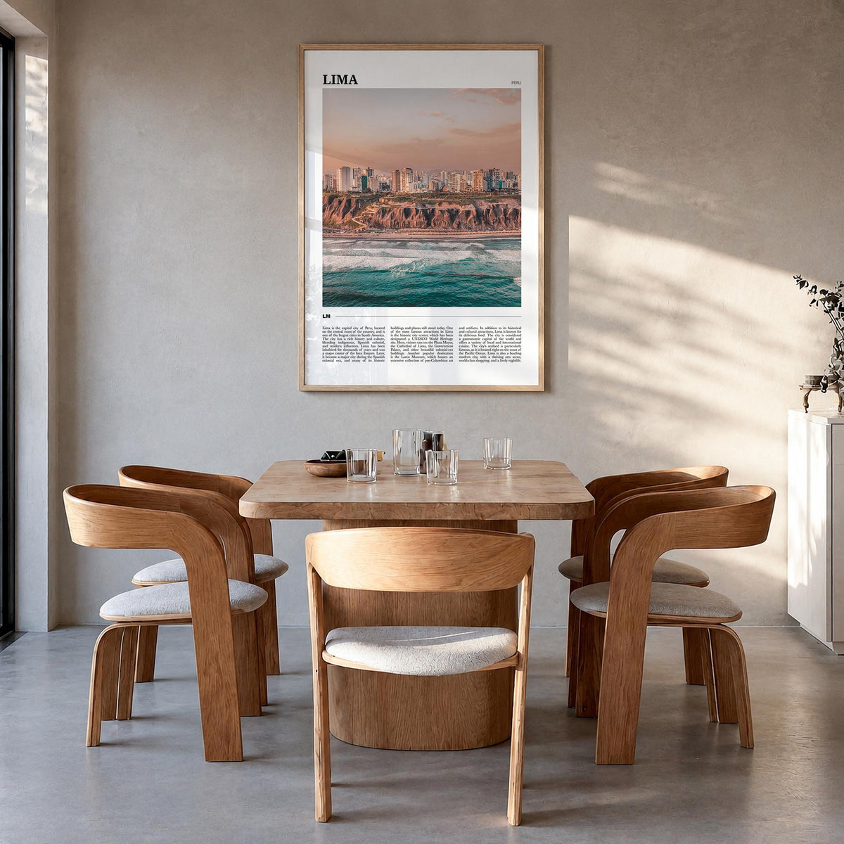 Lima colorful travel poster of Peru – vertical wall art in natural wood frame, hanging on wall