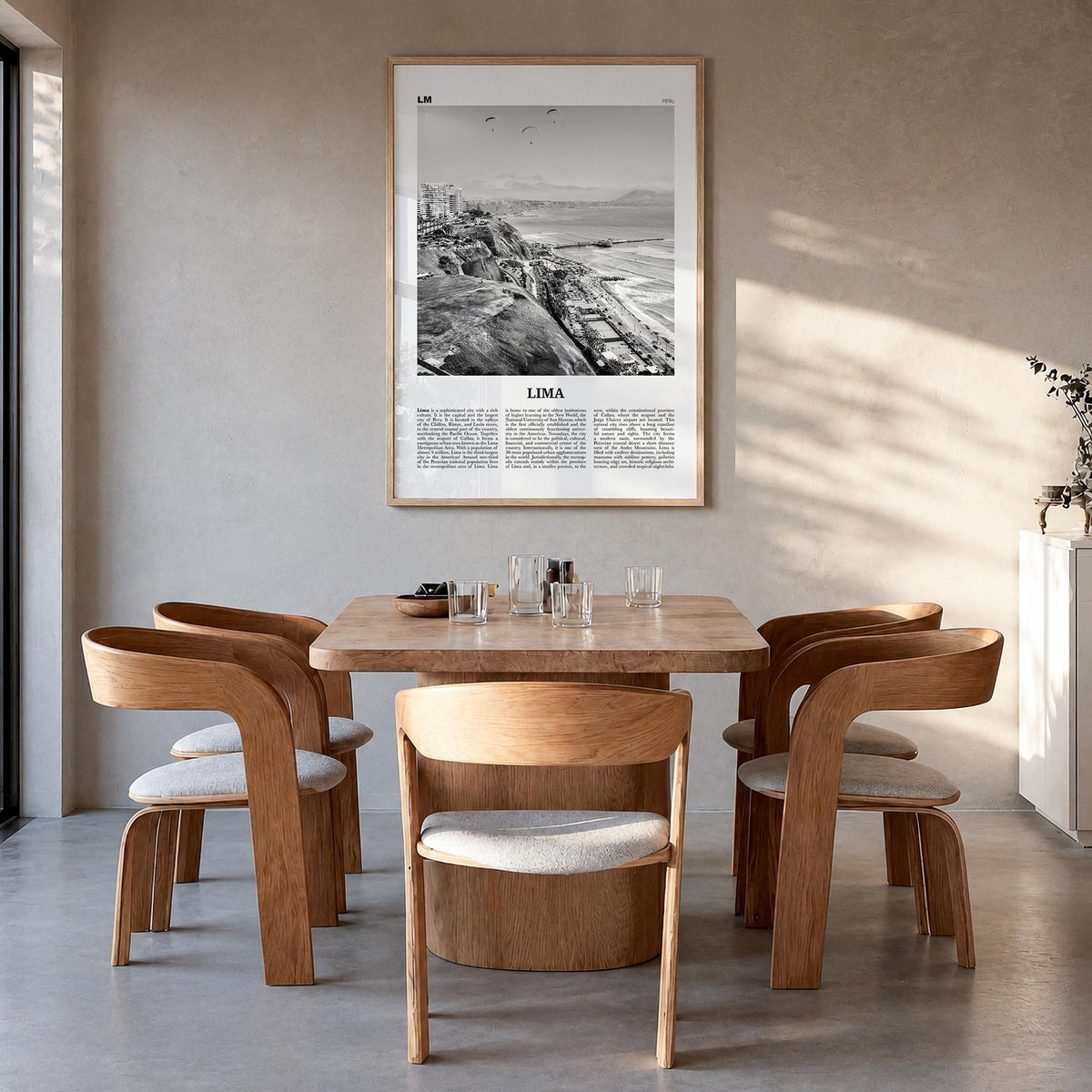 Lima no. 1 black & white newspaper poster of Peru – vertical wall art in natural wood frame, hanging on wall