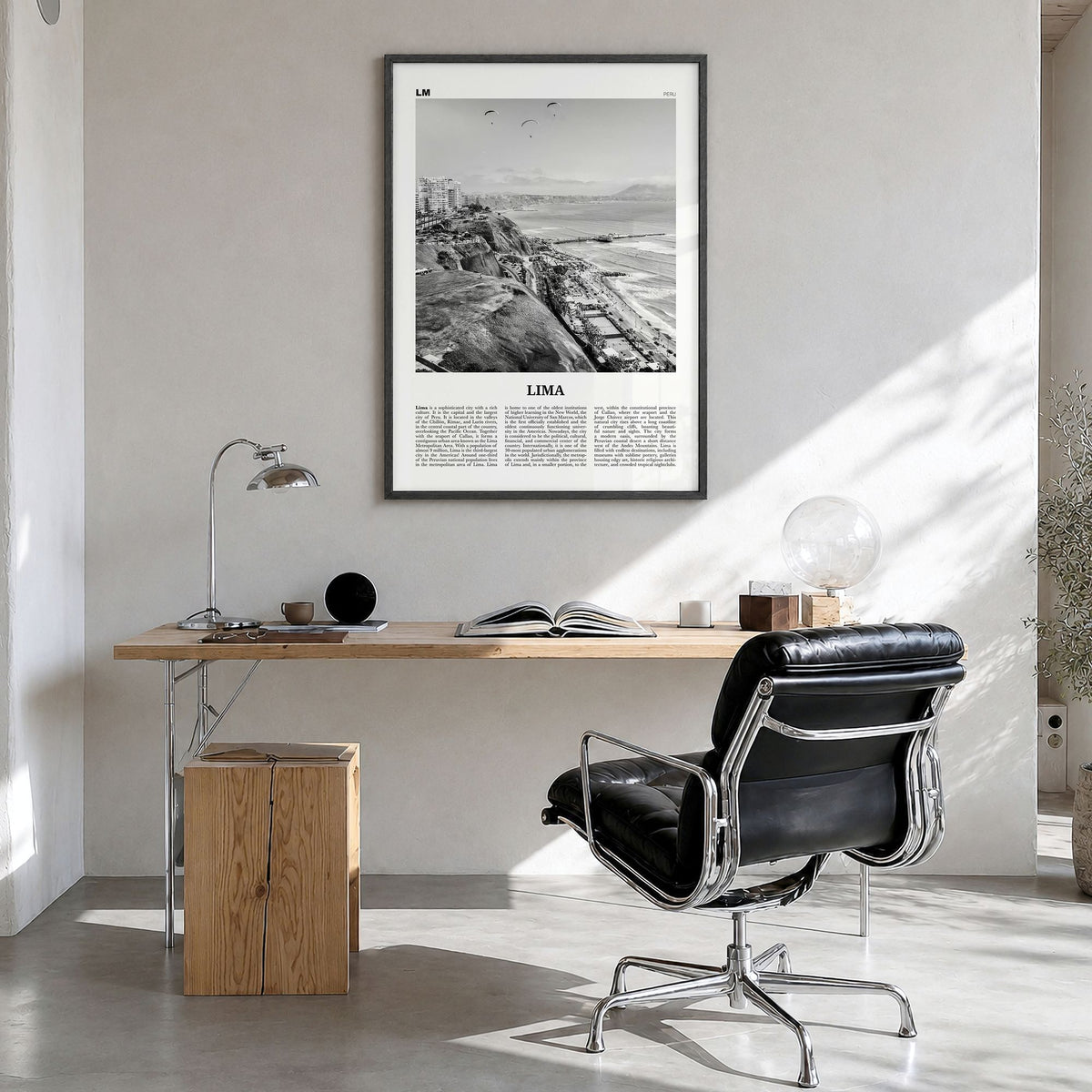 Lima Newspaper No 1 Poster in a black wood frame, hanging in a bright home office