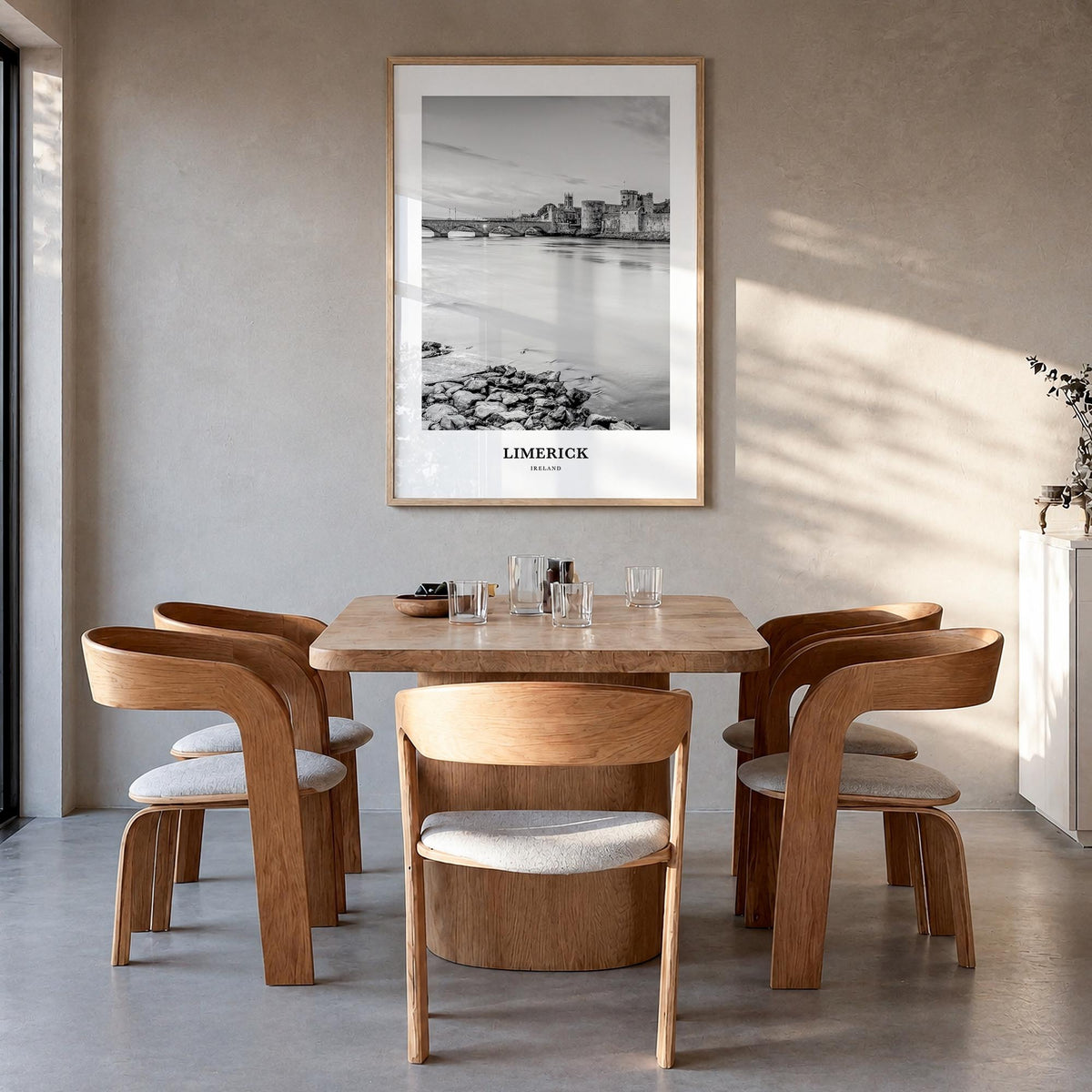 Limerick black & white classic poster of Ireland – vertical wall art in natural wood frame, hanging on wall