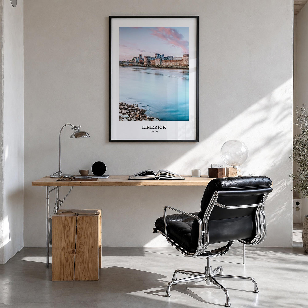 Limerick colorful classic poster of Ireland – vertical wall art in black wood frame, hanging on wall