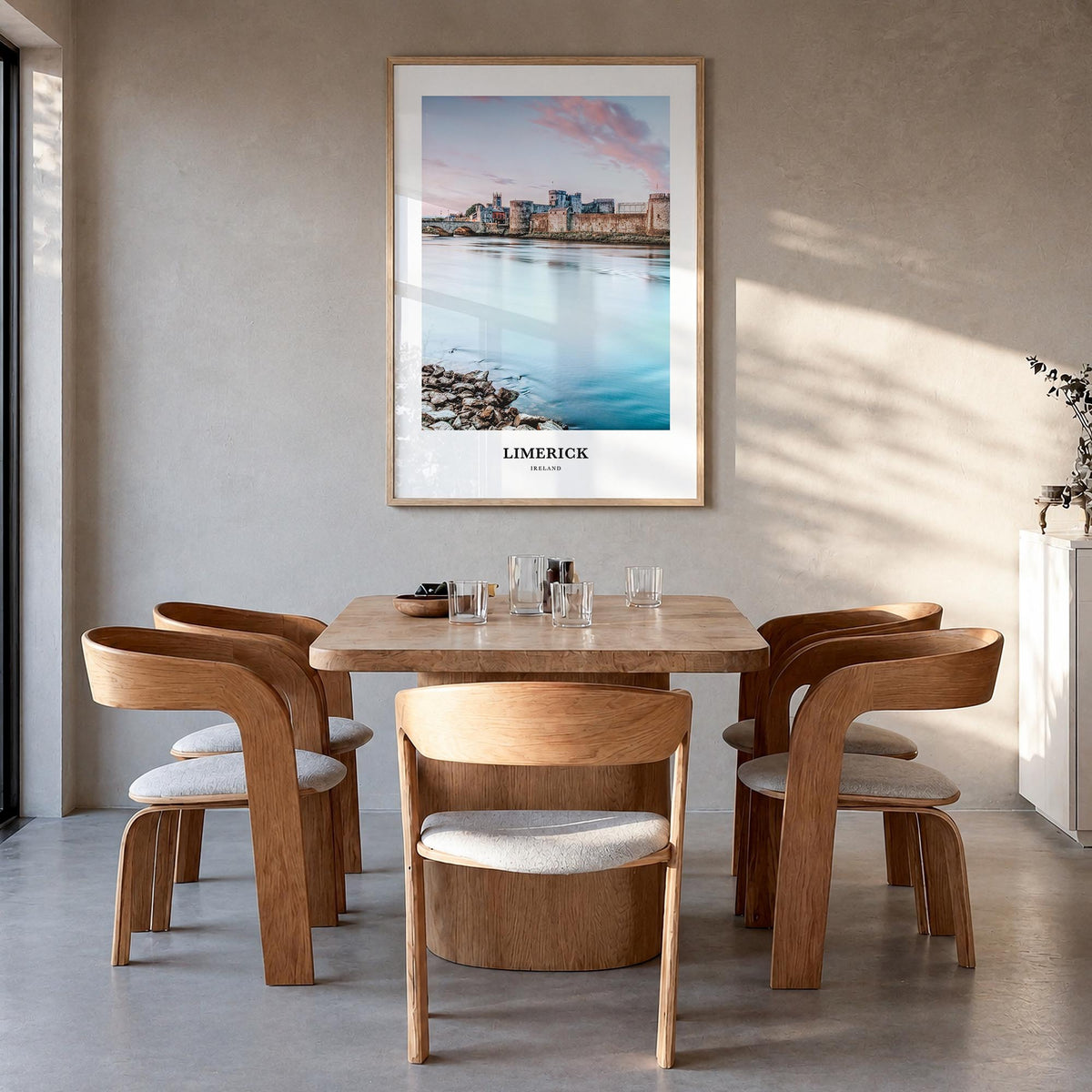 Limerick colorful classic poster of Ireland – vertical wall art in natural wood frame, hanging on wall
