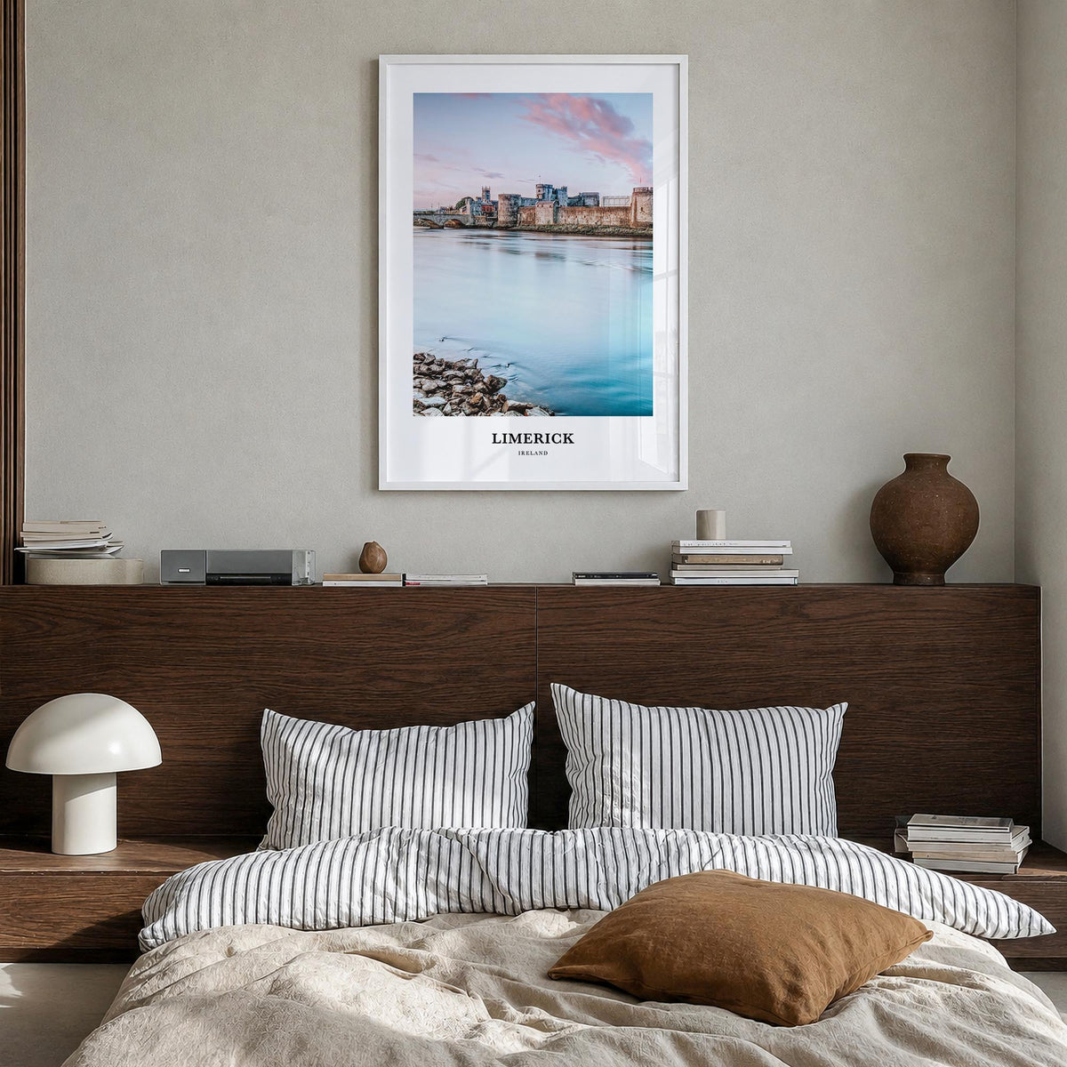 Limerick colorful classic poster of Ireland – vertical wall art in white wood frame, hanging on wall