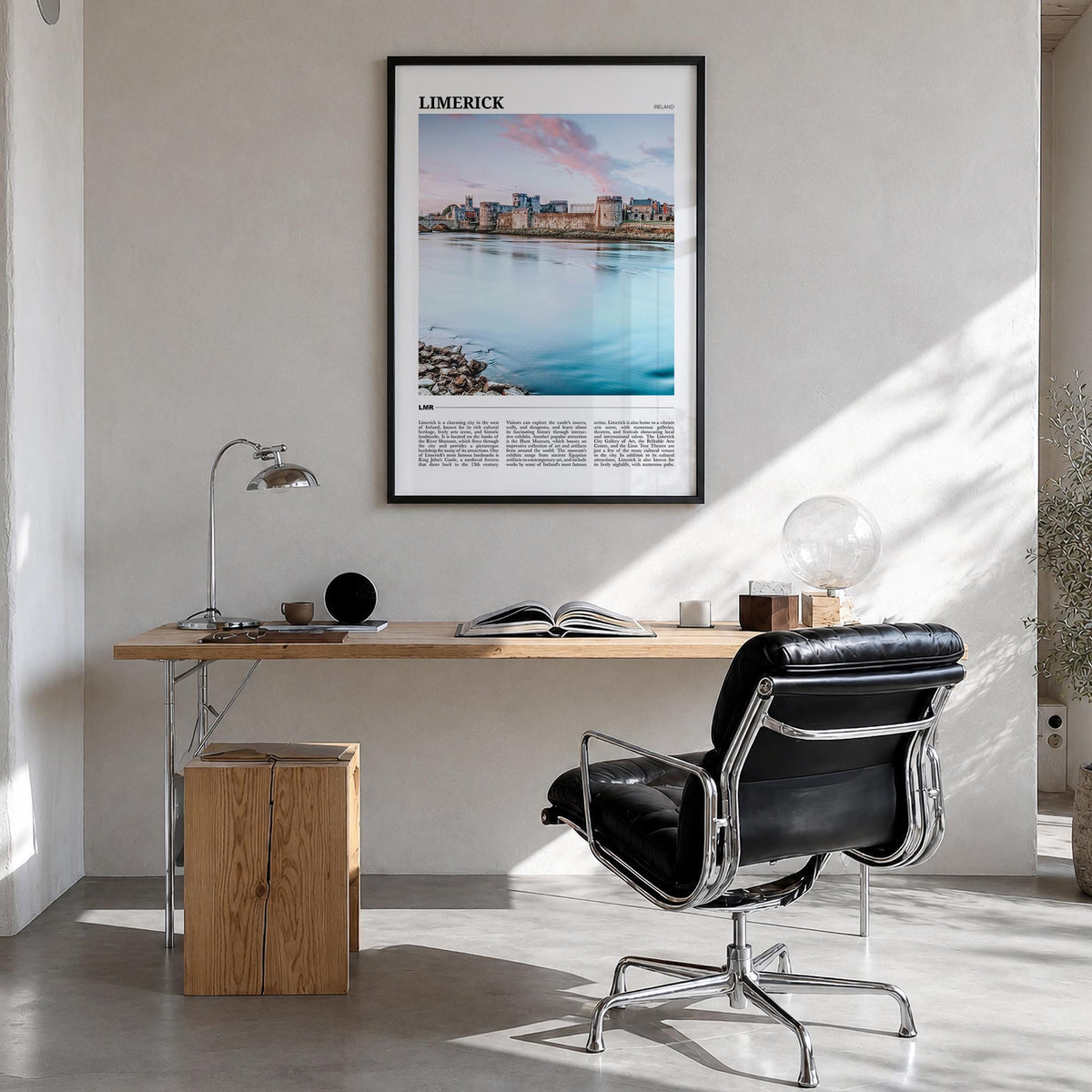 Limerick colorful travel poster of Ireland – vertical wall art in black wood frame, hanging on wall