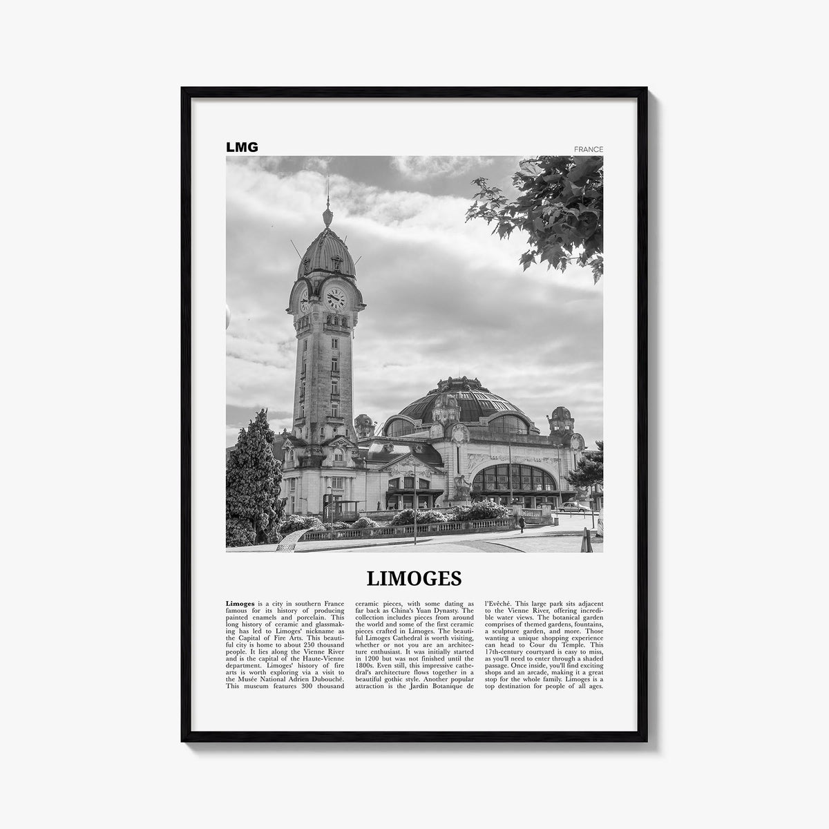 Limoges black & white newspaper poster of France – vertical wall art, unframed print shown in interior mockup