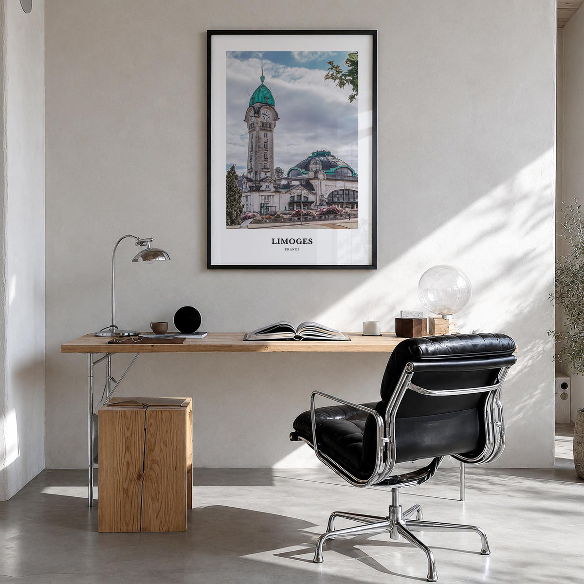 Limoges colorful classic poster of France – vertical wall art in black wood frame, hanging on wall