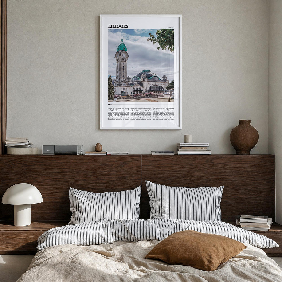 Limoges colorful travel poster of France – vertical wall art in white wood frame, hanging on wall