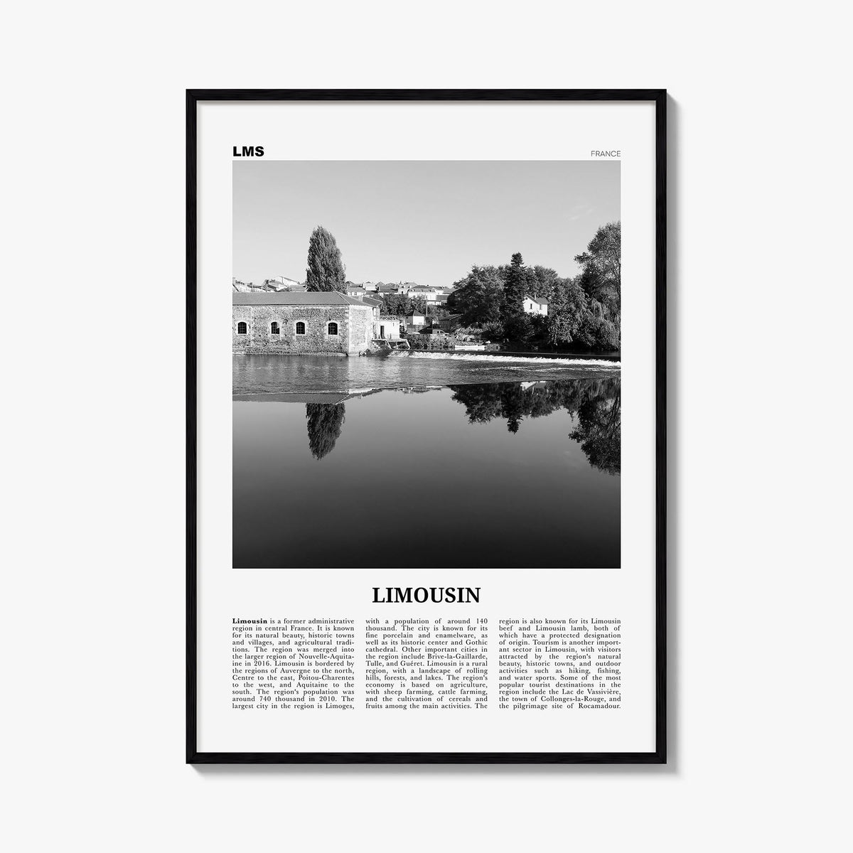 Limousin black & white newspaper poster of France – vertical wall art, unframed print shown in interior mockup