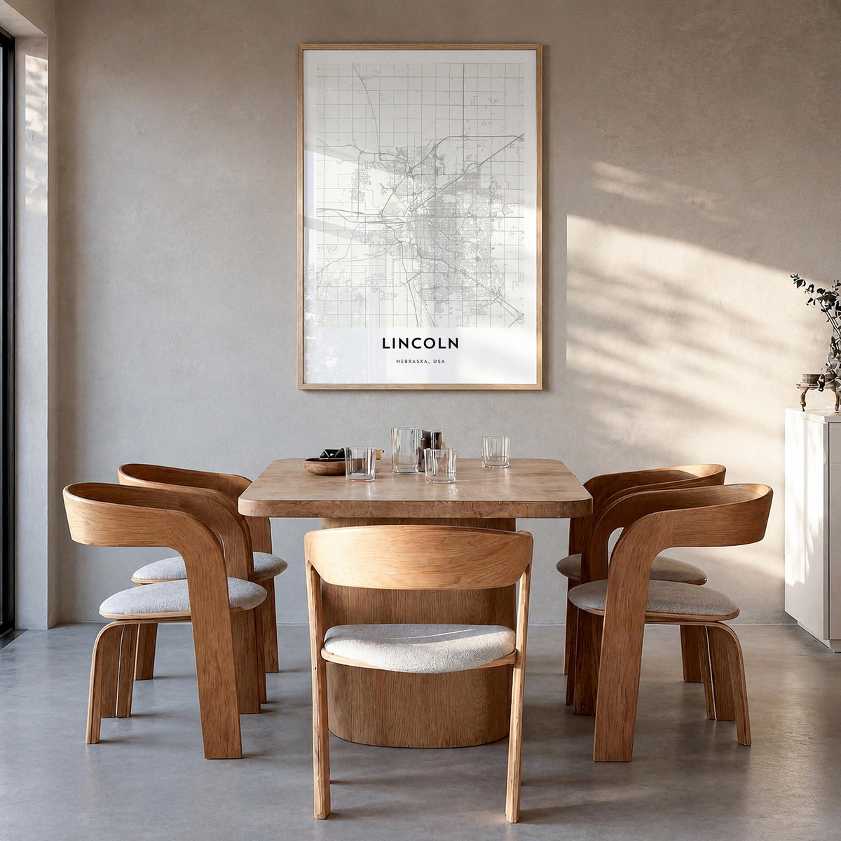 Lincoln black & white map poster of Nebraska, USA – vertical wall art in natural wood frame, hanging on wall