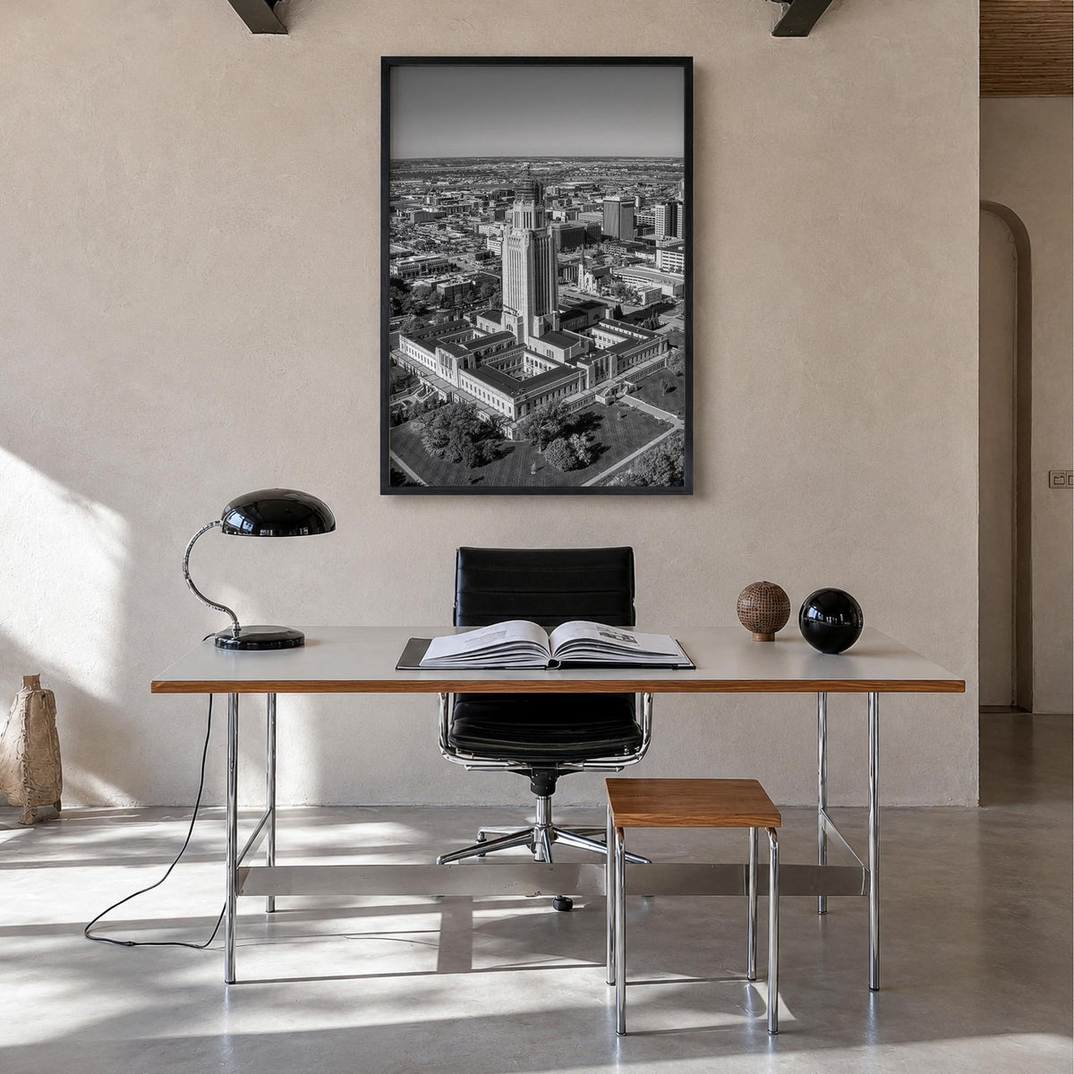 Lincoln black & white photo poster of Nebraska, USA – vertical wall art in black wood frame, hanging on wall