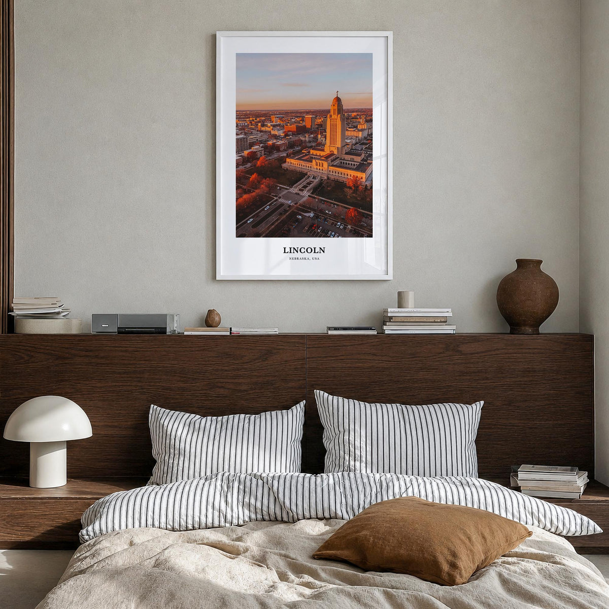Lincoln colorful classic poster of Nebraska, USA – vertical wall art in white wood frame, hanging on wall