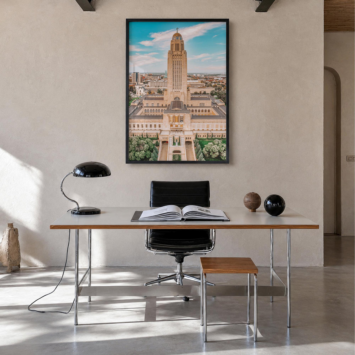 Lincoln colorful photo poster of Nebraska, USA – vertical wall art in black wood frame, hanging on wall