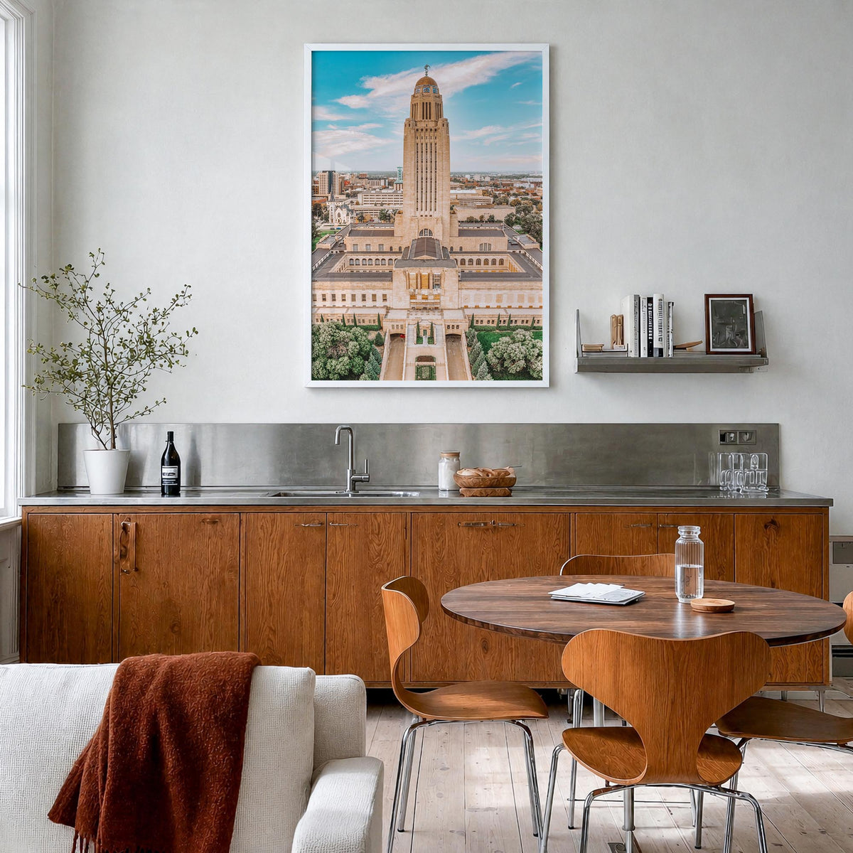 Lincoln colorful photo poster of Nebraska, USA – vertical wall art in white wood frame, hanging on wall